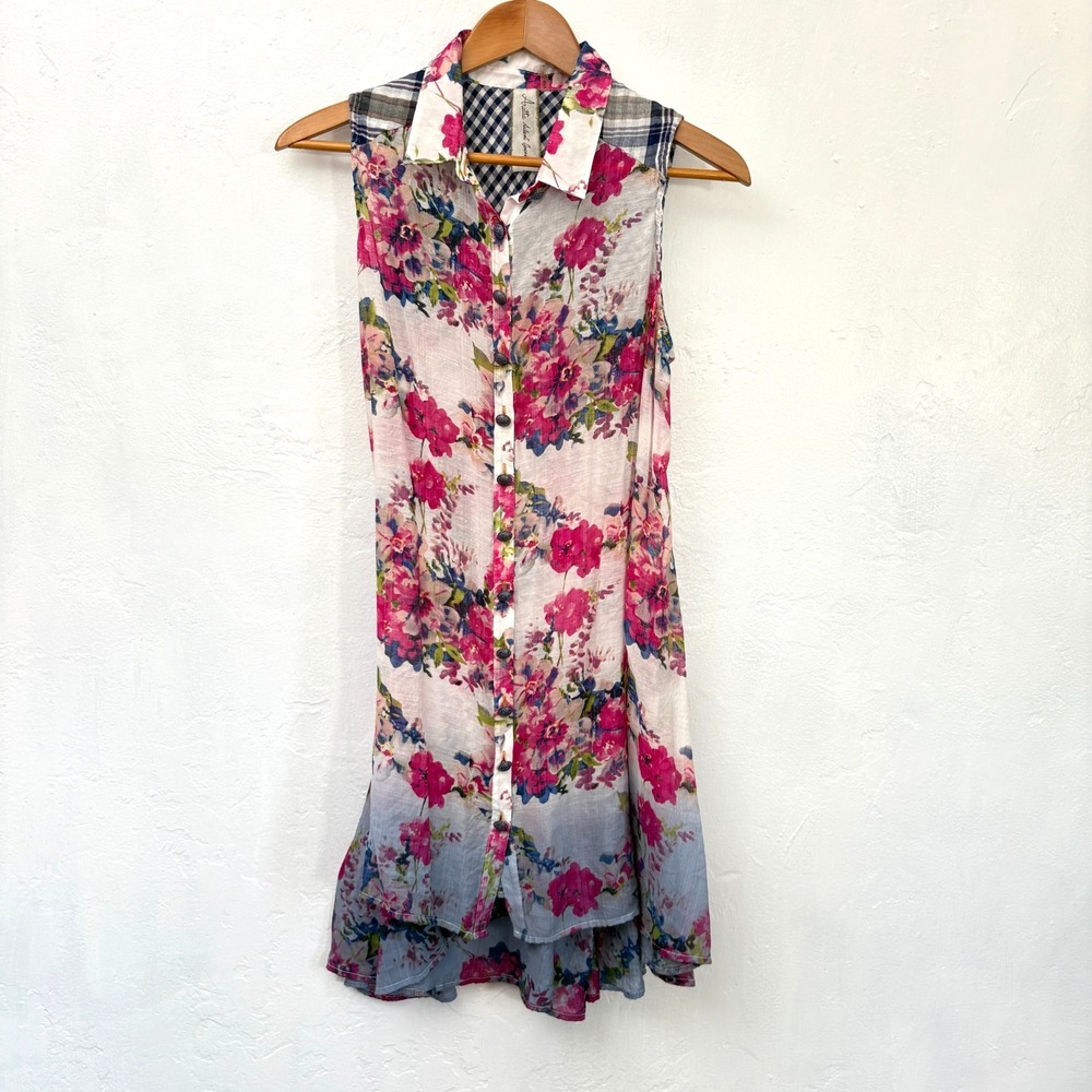 Aratta Silent Journey Floral Tunic Women Sz Medium Button Down Sheer Sleeveless